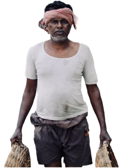 A Santal man carrying handmade fishing baskets